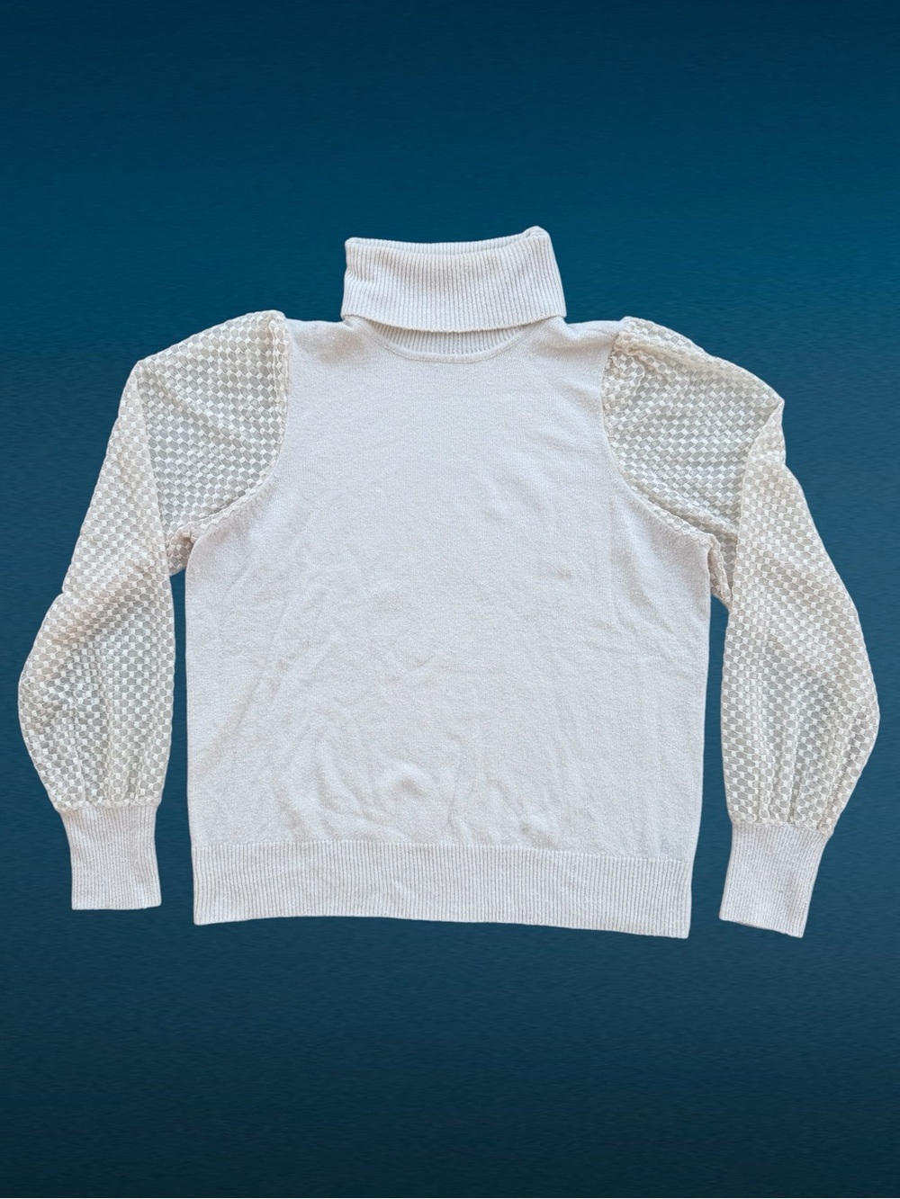 Marled by RC Cream Sheer Checkered Pattern Puff Sleeves Turtleneck Sweater XL